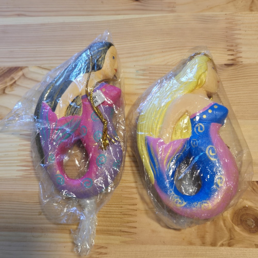 Vintage 80s Wooden Mermaid Ornaments Set of 2 Hand Painted Indonesia 4.5"